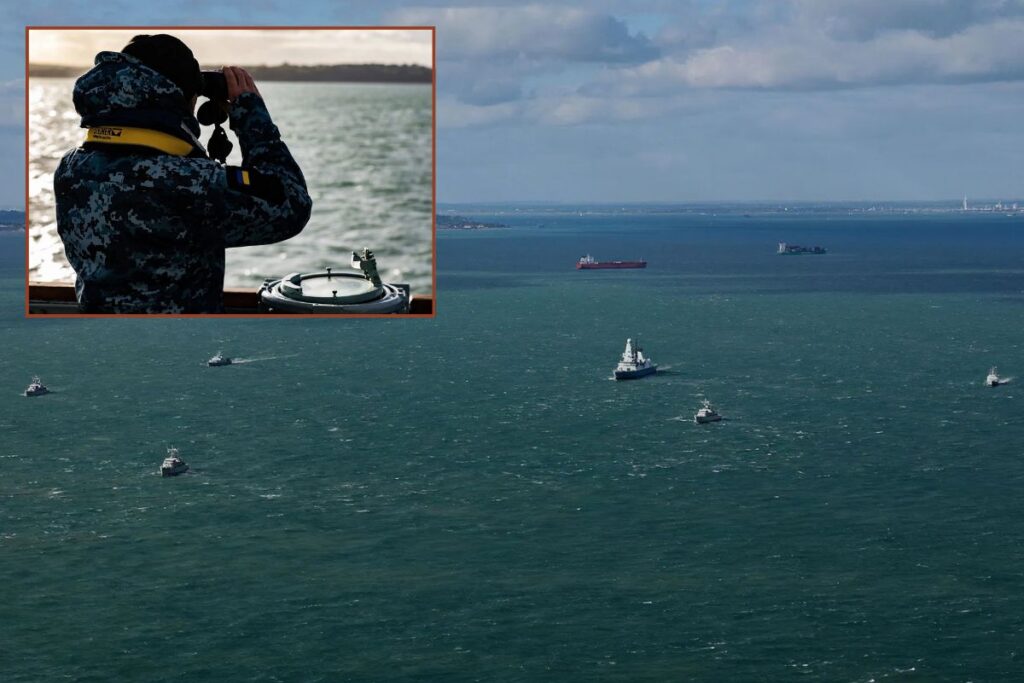 The five Ukrainian minehunters sailing in formation with Royal Navy Type 45 destroyer HMS Dauntless; inset, a Ukranian sailor looks across the Solent.