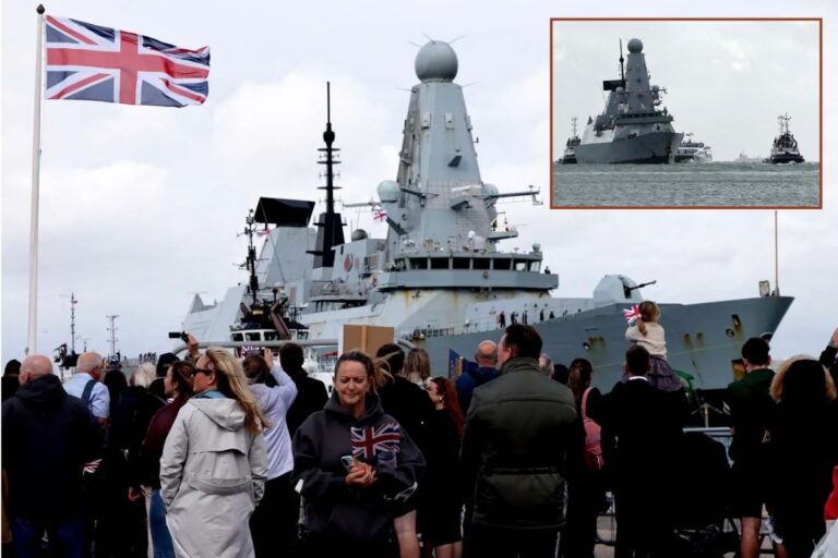 Two images of HMS Dragon returning to her homeport of Portsmouth after seven months in the Middle East.