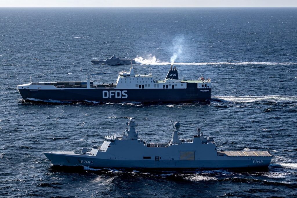 Absalon-class Royal Danish Navy frigate HDMS Esbern Snare and a Swedish Visby-class corvette rehearsing maritime interdiction operations as part of Lion Protector 26.