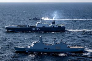 Absalon-class Royal Danish Navy frigate HDMS Esbern Snare and a Swedish Visby-class corvette rehearsing maritime interdiction operations as part of Lion Protector 26.
