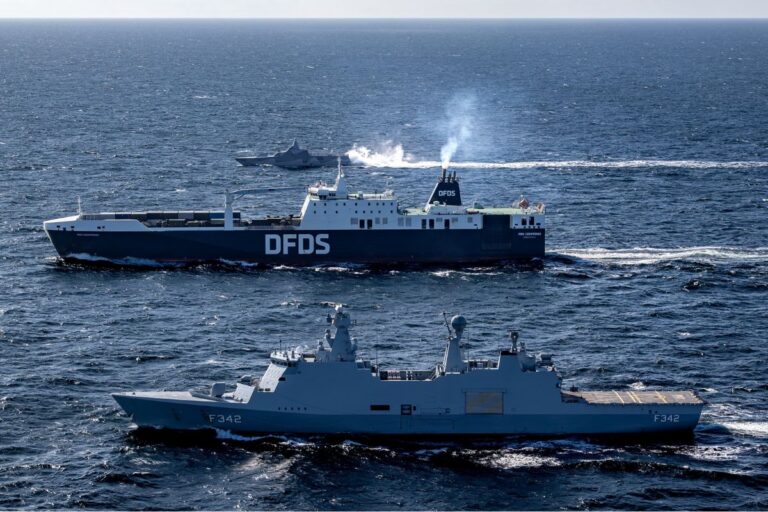 Absalon-class Royal Danish Navy frigate HDMS Esbern Snare and a Swedish Visby-class corvette rehearsing maritime interdiction operations as part of Lion Protector 26.