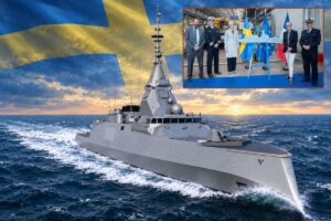 A ceremony has been held (inset) marking the first cutting of steel on the first FDI frigate for the Royal Swedish Navy.