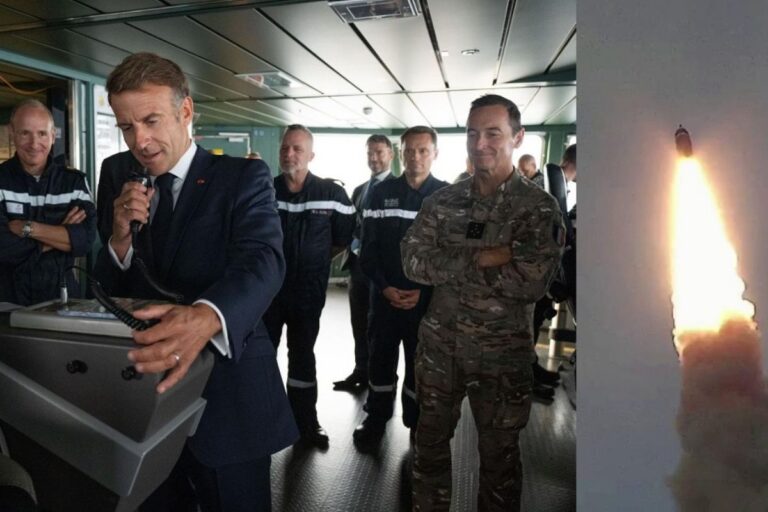 French President Emmanuel Macron, aboard test and measurement vessel Monge, oversees the first at-sea test-firing of France’s newest ballistic missile (right) from French Navy submarine Le Vigilant.