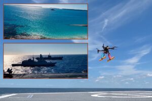 Main picture and insets: deck and onboard footage showing a test of a UAS landing autonomously without GPS using onboard sensors on a ship deck while the vessel is under way.