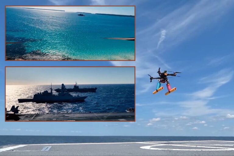 Main picture and insets: deck and onboard footage showing a test of a UAS landing autonomously without GPS using onboard sensors on a ship deck while the vessel is under way.
