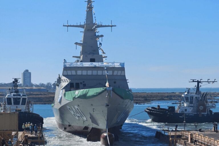 Future Royal Saudi Navy corvette Neom is launched at the Cadiz shipyard.