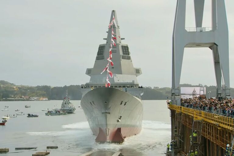 A still from footage of F112 frigate Roger de Lauria sliding into the water for the first time at the Ferrol shipyard in A Coruña.