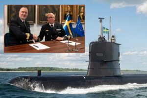A contract has now been signed for training Polish submariners and leasing Swedish Navy submarine HMS Södermanland to Poland; inset, Chief of the Swedish Navy Rear Admiral Johan Norlen and FMV Head of Naval Systems Rear Admiral Fredrik Linden.