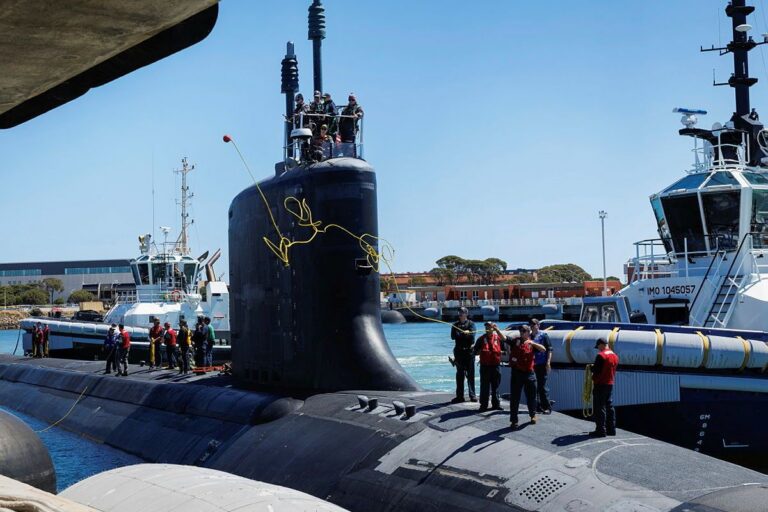 Virginia class fast-attack submarine USS Colorado arriving at HMAS Stirling in Western Australia yesterday (Tuesday) for a scheduled Submarine Maintenance Period.