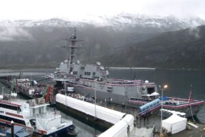 A still of video footage from the commissioning ceremony of Flight III Arleigh Burke-class destroyer USS Ted Stevens.